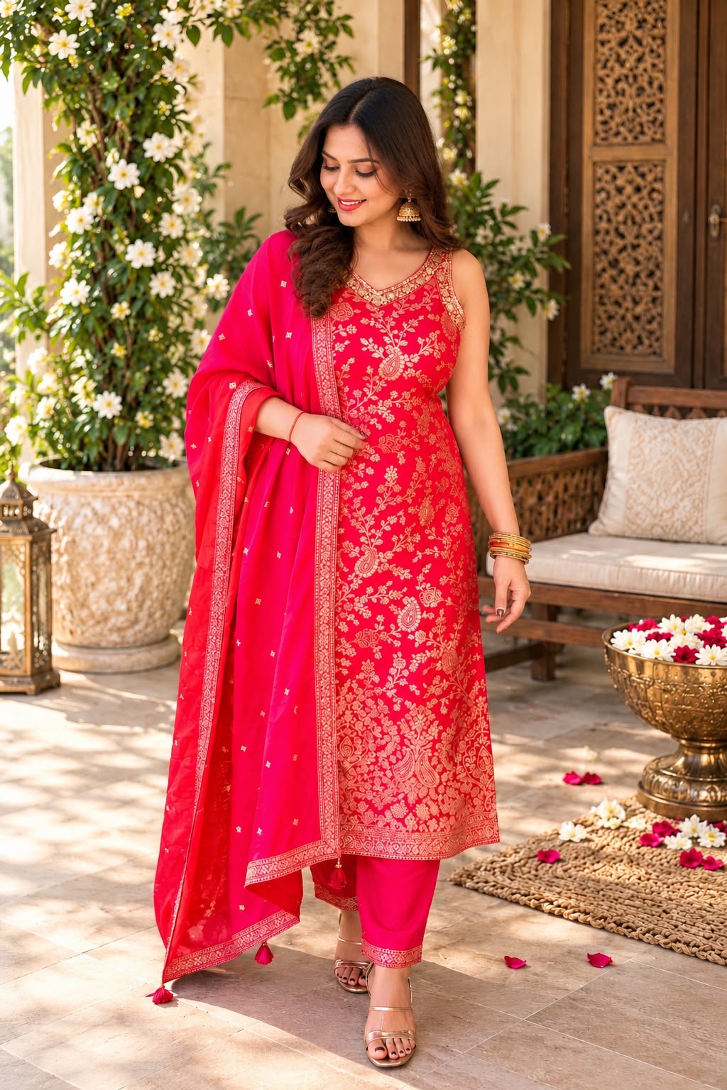 Red Silk Brocade Embroidered Suit Set (With Optional Sleeves)_178