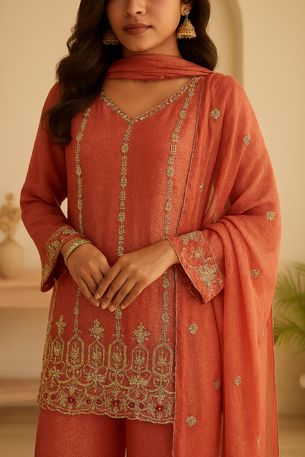 Red (Brick) Premium Tissue Crush Divider Suit Set with Short Kurta & Beadwork_064