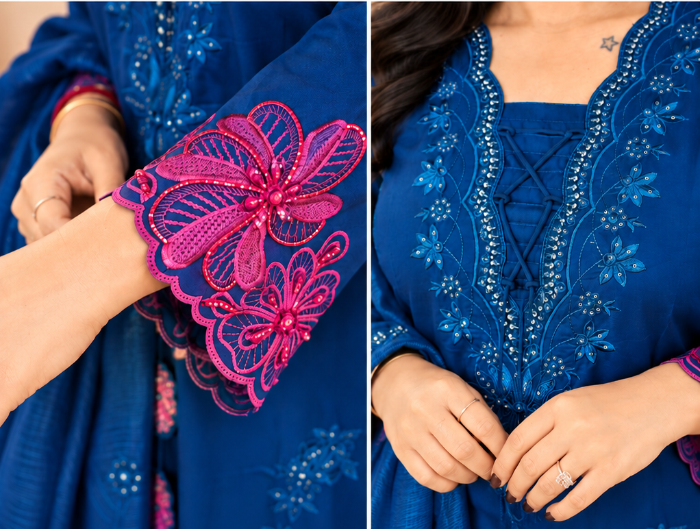 Blue Sheesha Silk Pakistani Embroidered Suit Set_175
