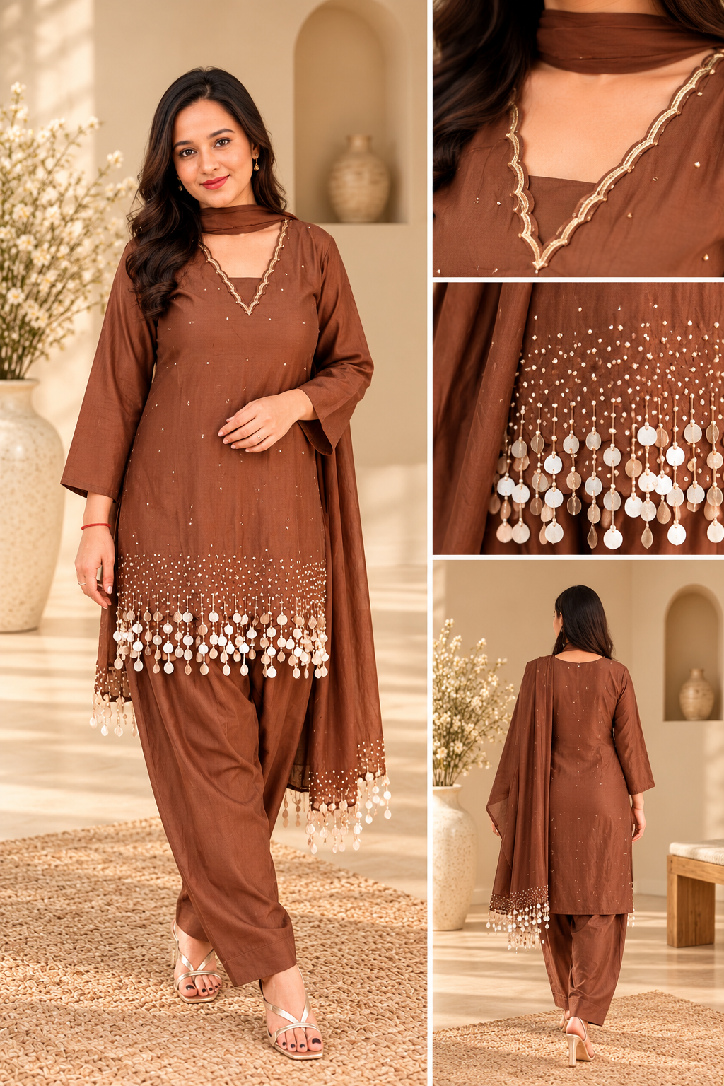 Brown Crepe Suit Set with Unique Tassel Detailing_180