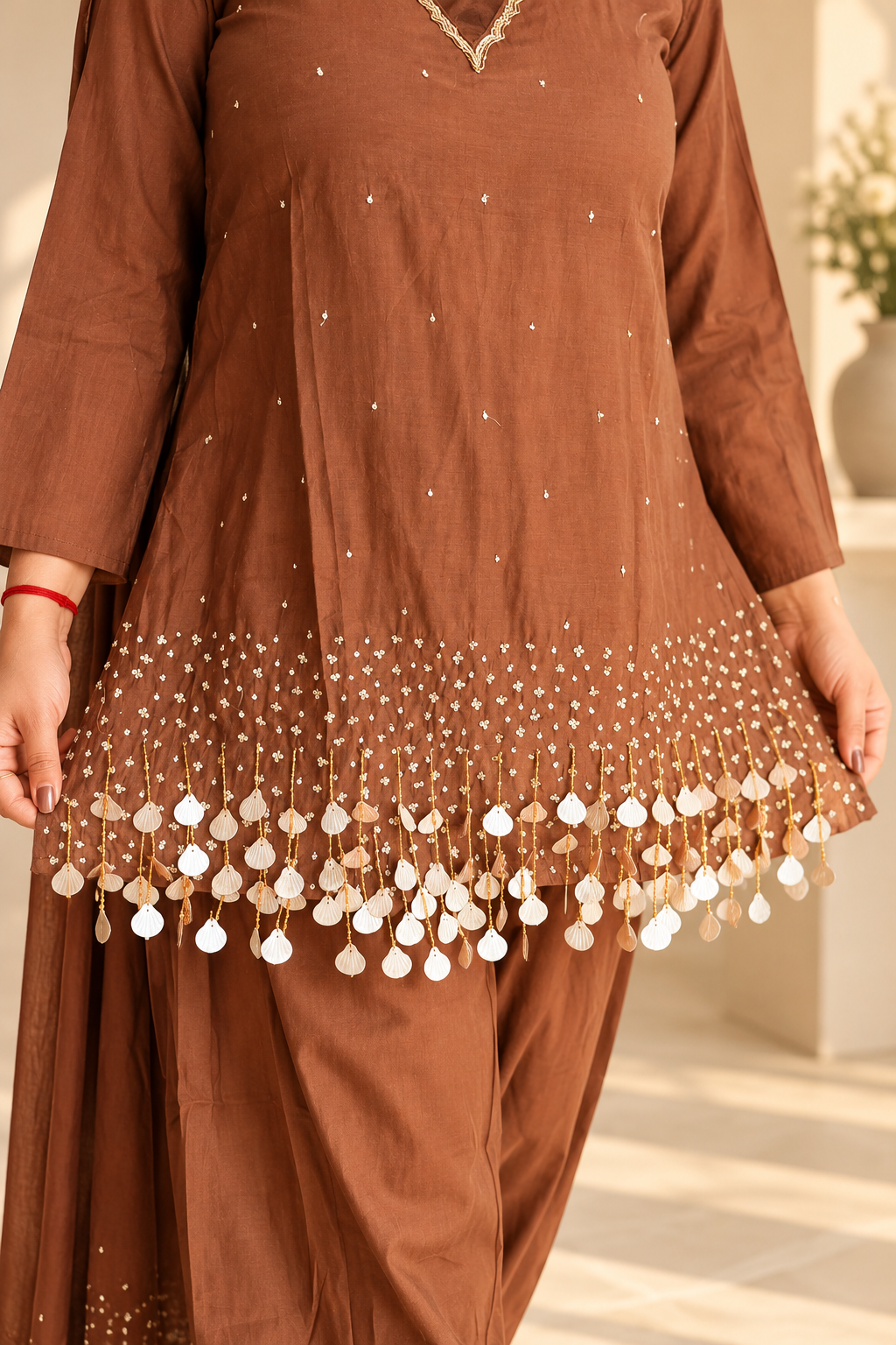 Brown Crepe Suit Set with Unique Tassel Detailing_180