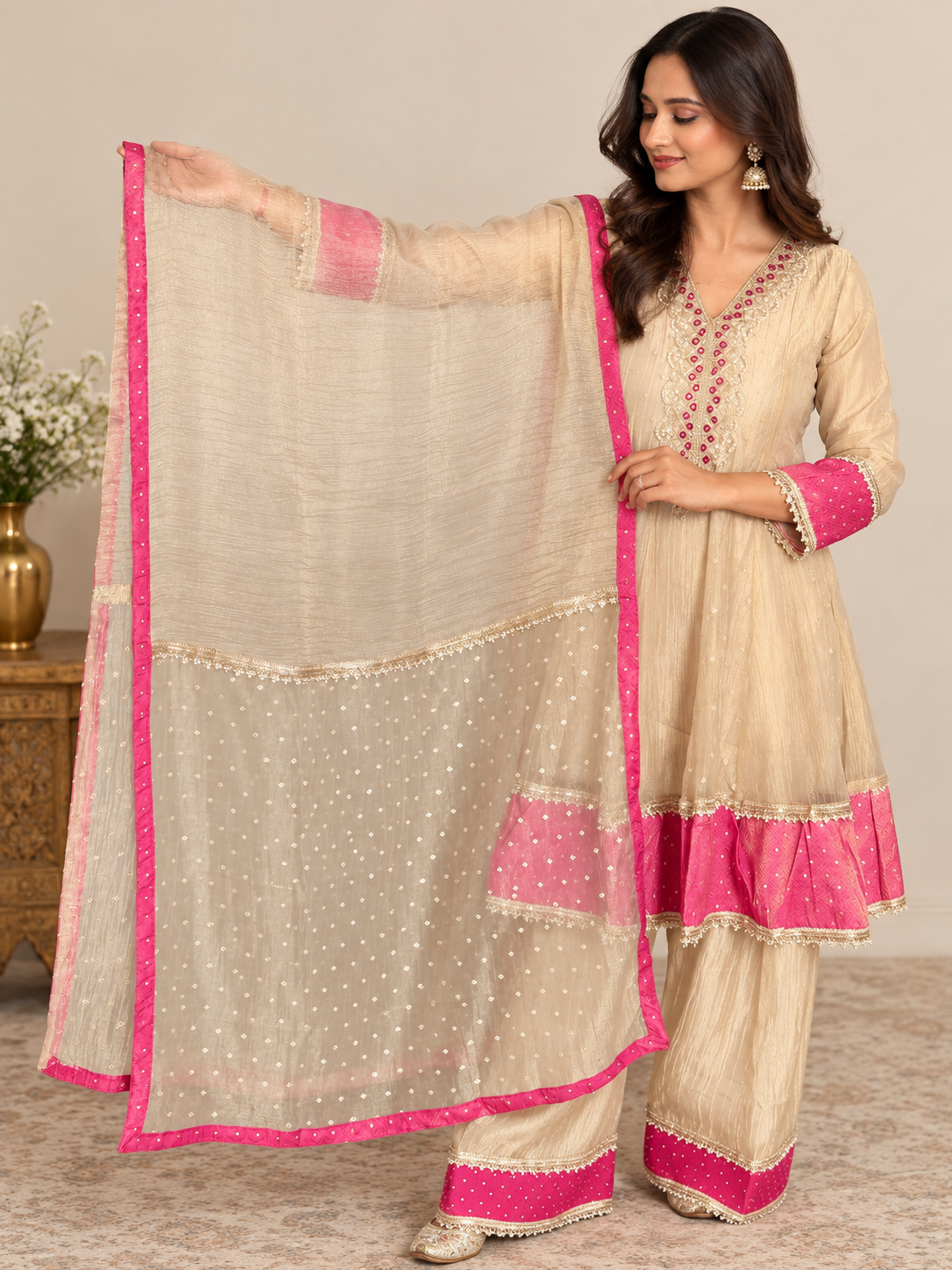 Beige & Pink Embroidered Suit Set_162