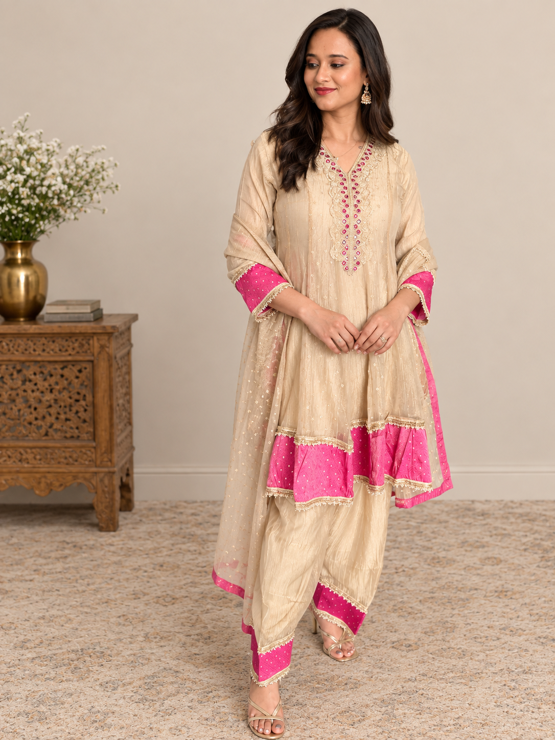 Beige & Pink Embroidered Suit Set_162