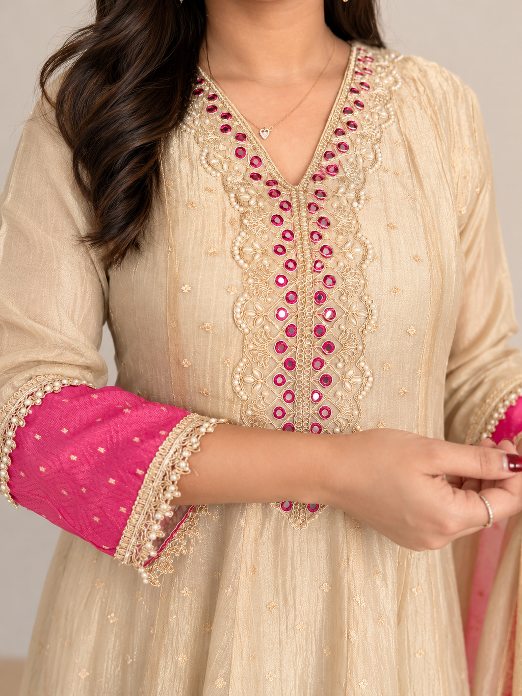 Beige & Pink Embroidered Suit Set_162