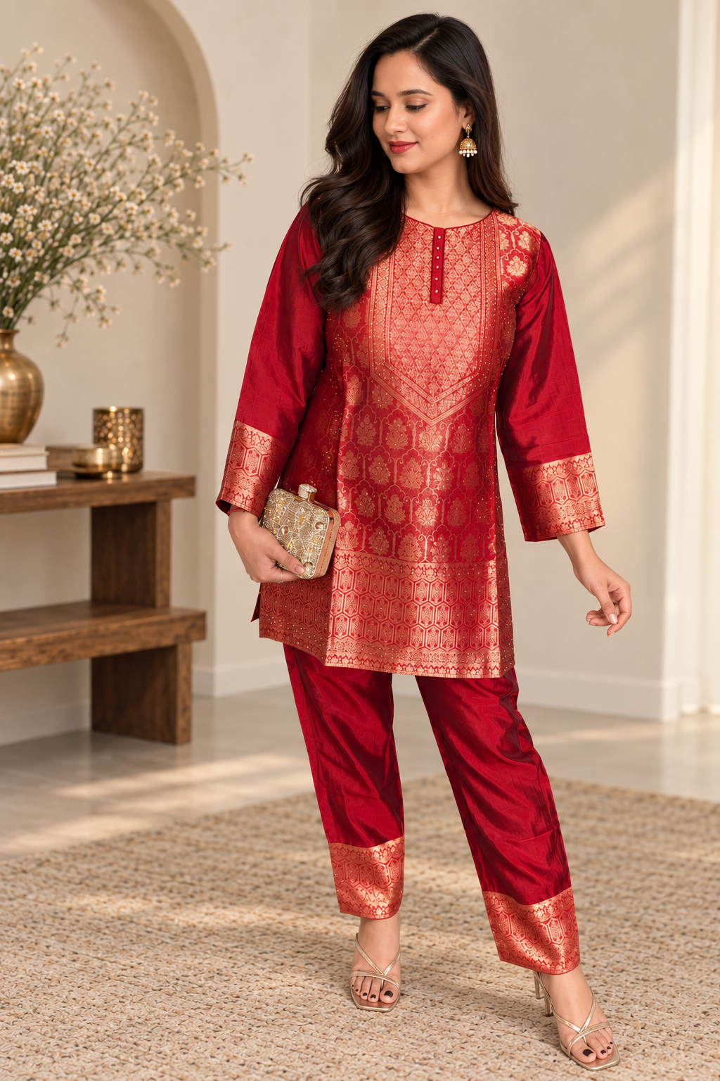 Red Banarasi Co-Ord Set_163