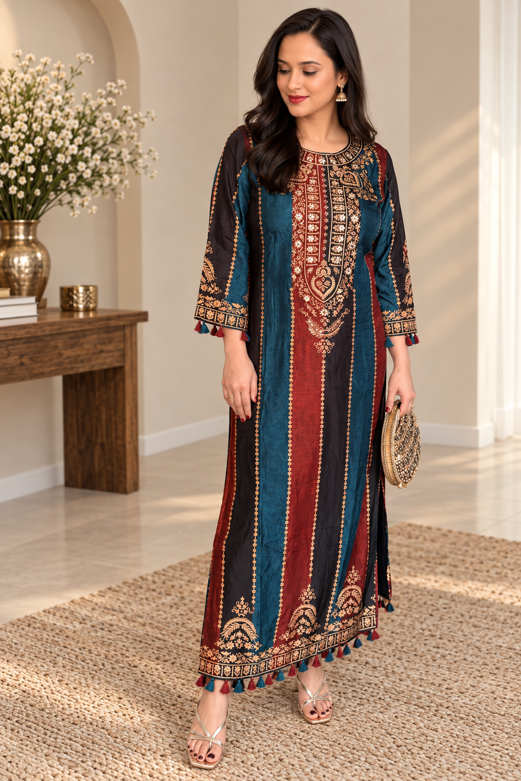 Blue and Red Russian Silk Long Pheran Set_164