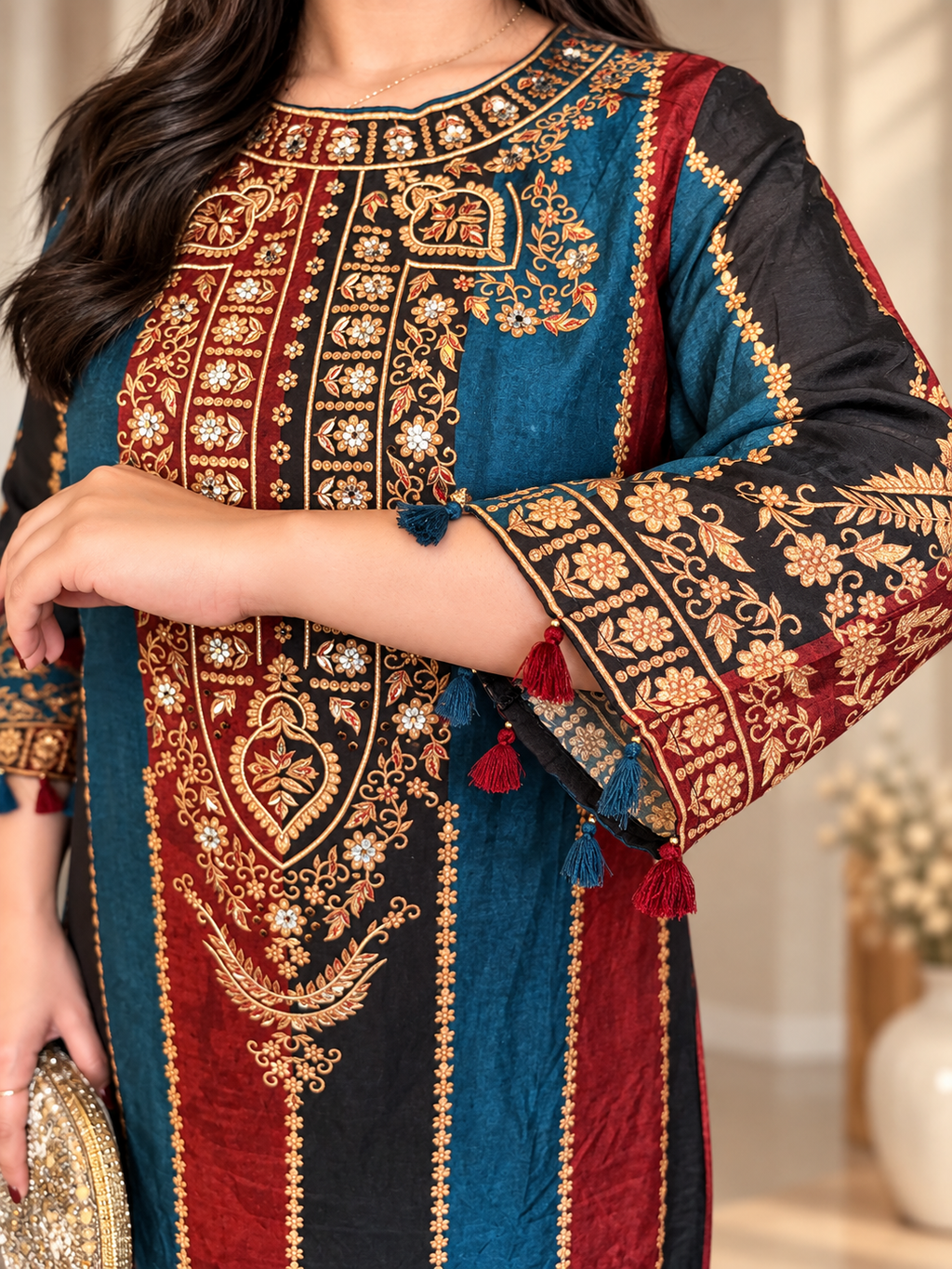 Blue and Red Russian Silk Long Pheran Set_164
