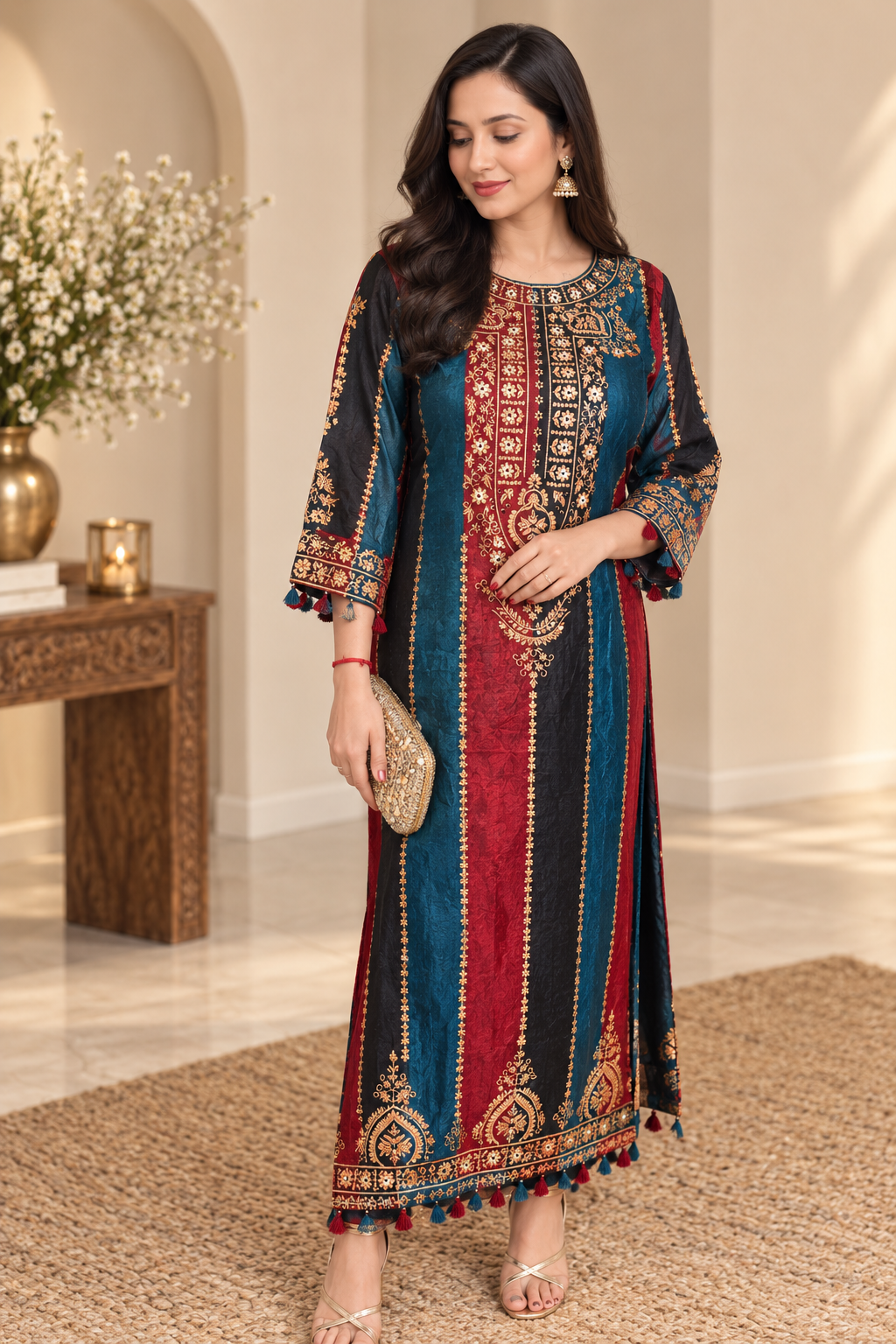 Blue and Red Russian Silk Long Pheran Set_164