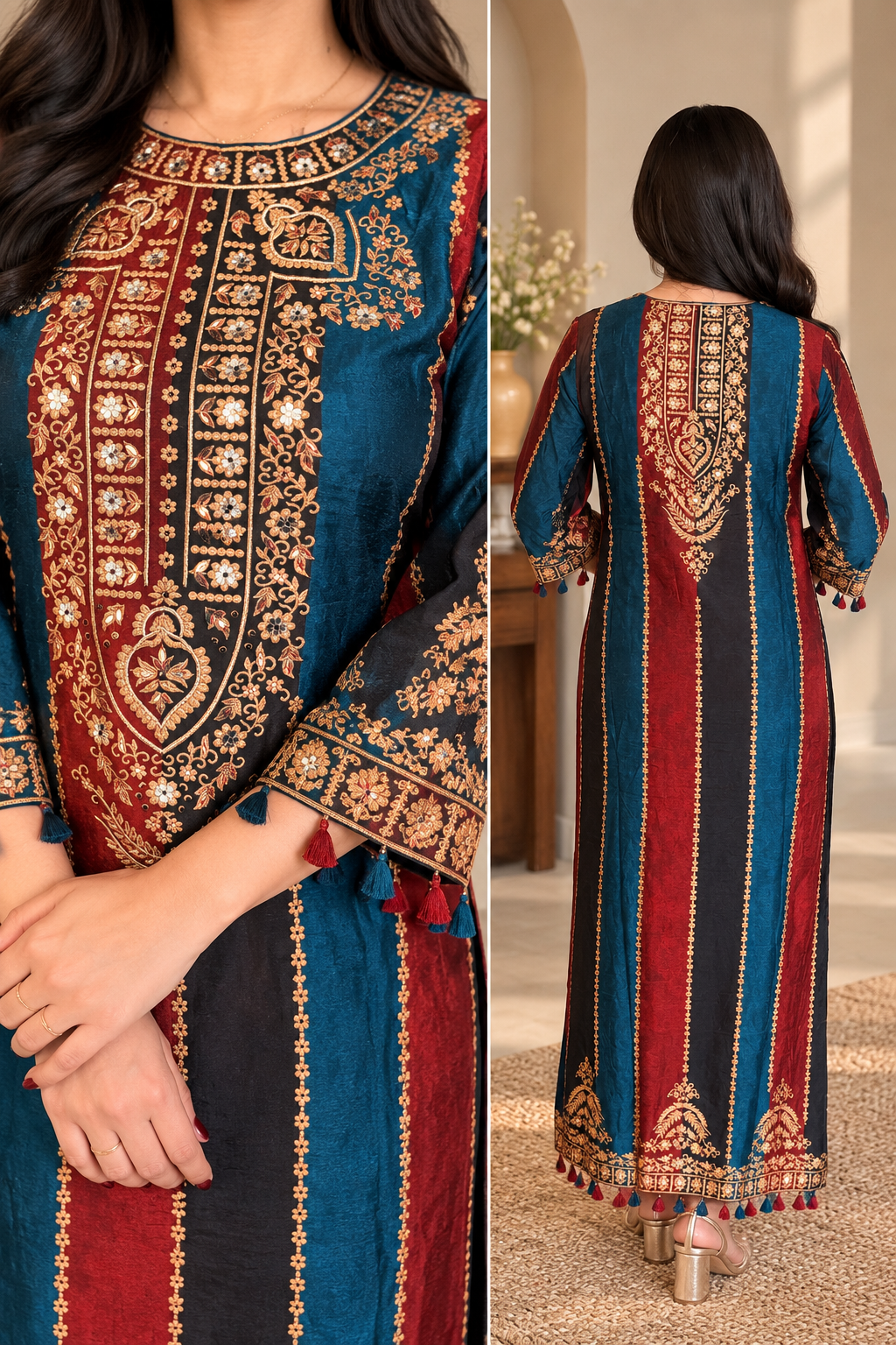 Blue and Red Russian Silk Long Pheran Set_164