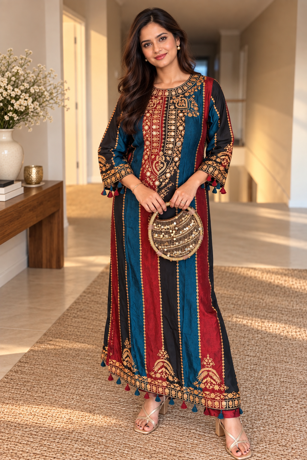 Blue and Red Russian Silk Long Pheran Set_164
