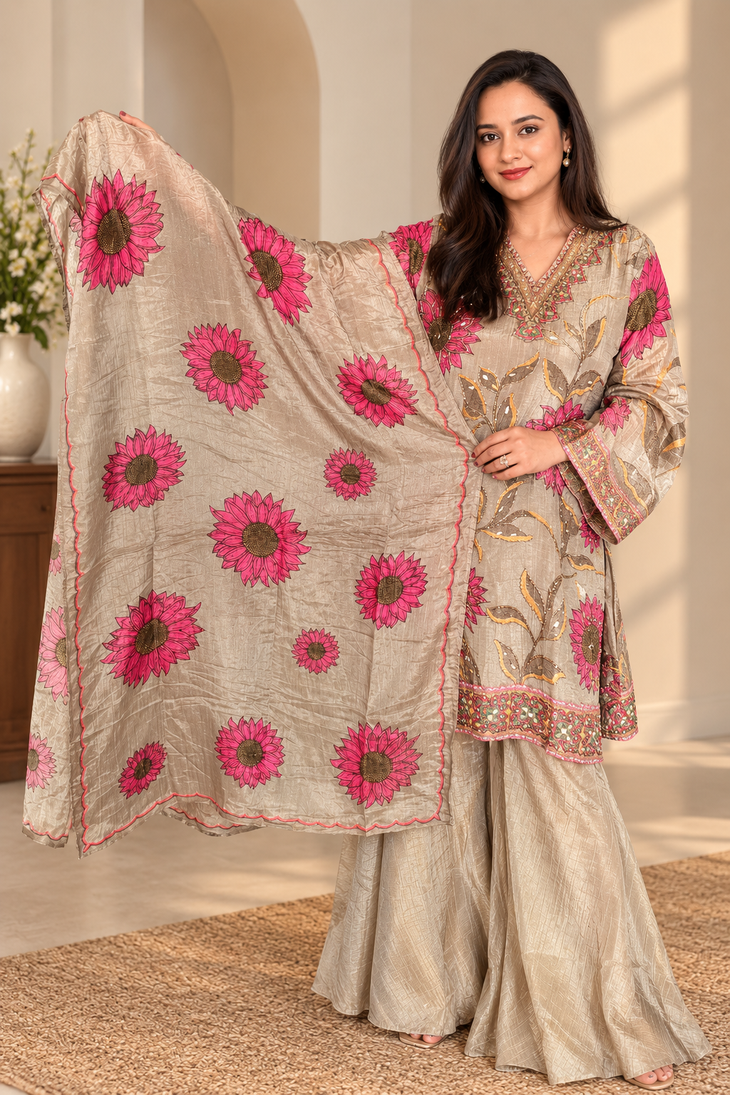 Grey Floral Tissue Silk Suit Set_165