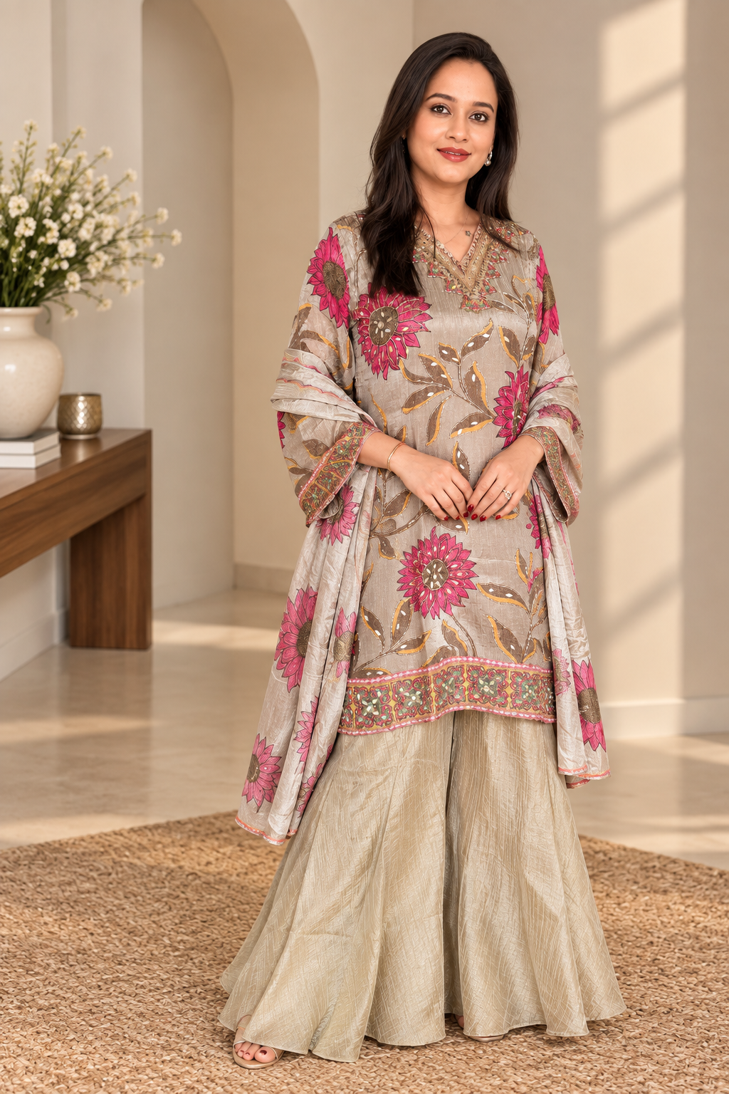 Grey Floral Tissue Silk Suit Set_165