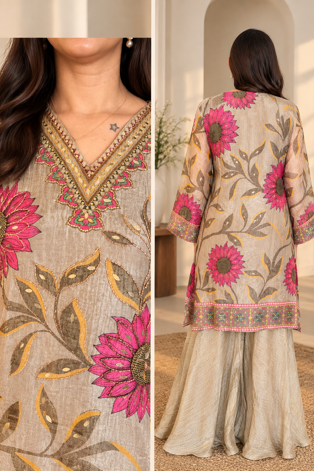 Grey Floral Tissue Silk Suit Set_165