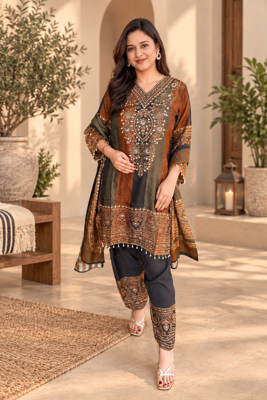 Viral Brown, Green & Black Russian Silk Farshi Salwar Set_166