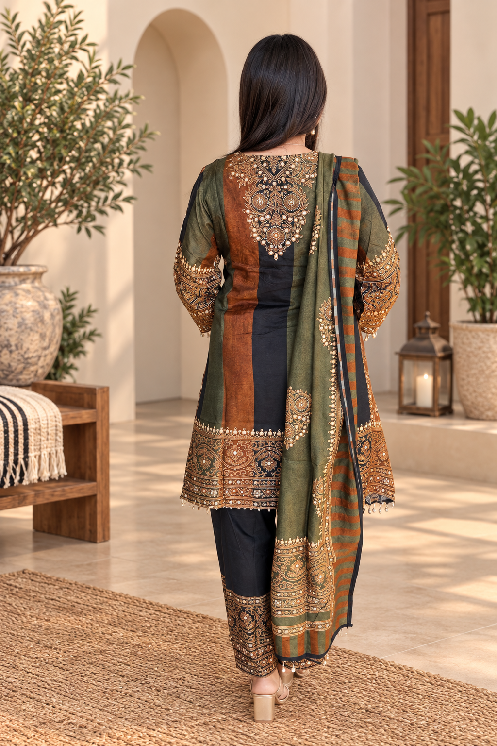 Viral Brown, Green & Black Russian Silk Farshi Salwar Set_166