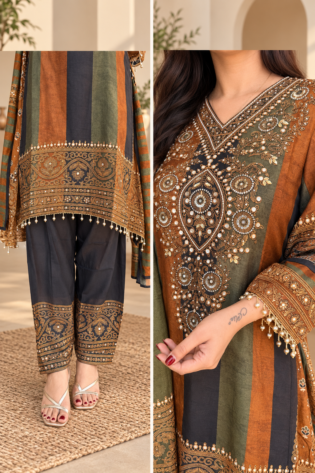 Viral Brown, Green & Black Russian Silk Farshi Salwar Set_166