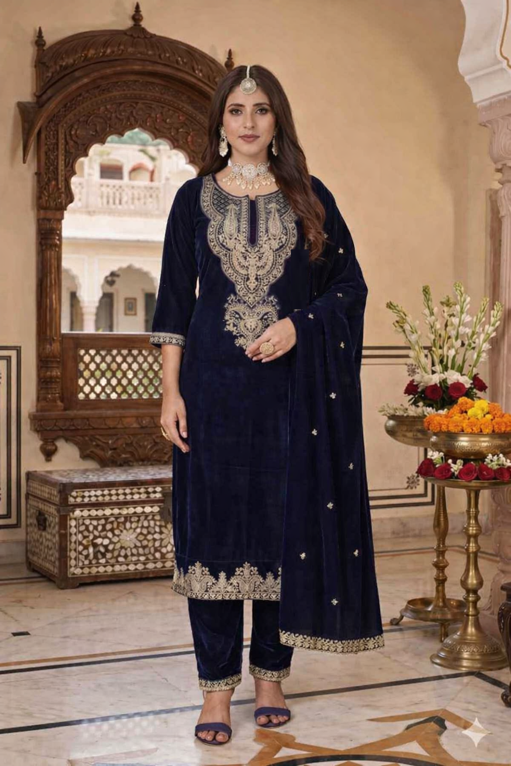 Midnight Blue & Gold Royale Velvet Embroidered 3PC Set _121