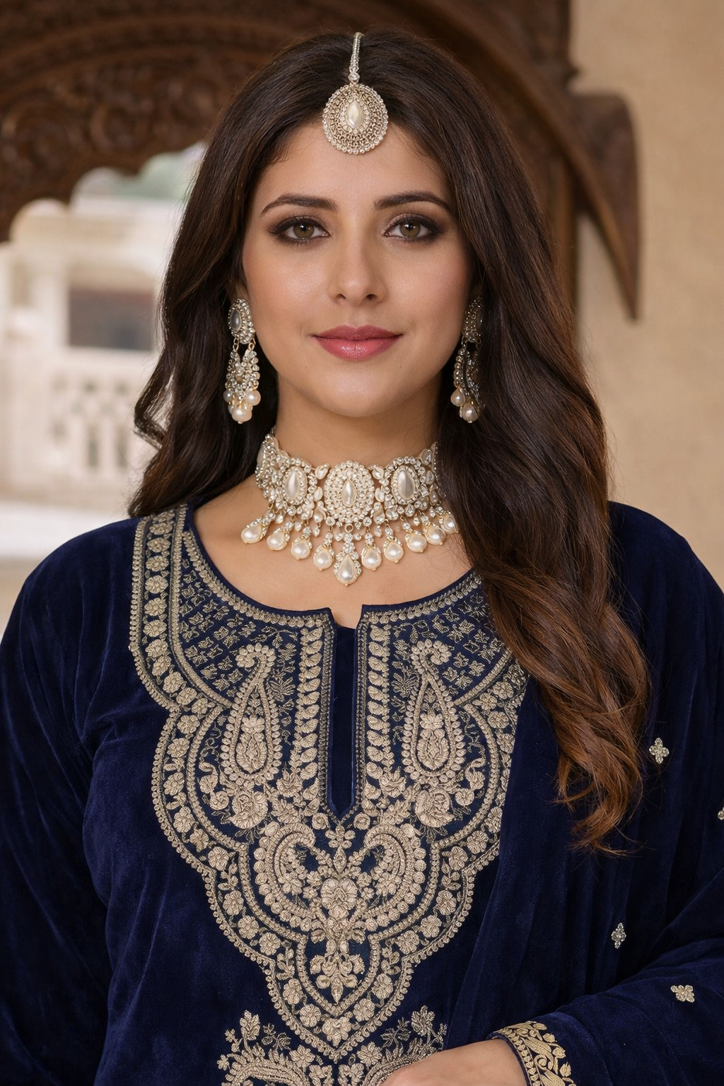 Midnight Blue & Gold Royale Velvet Embroidered 3PC Set _121