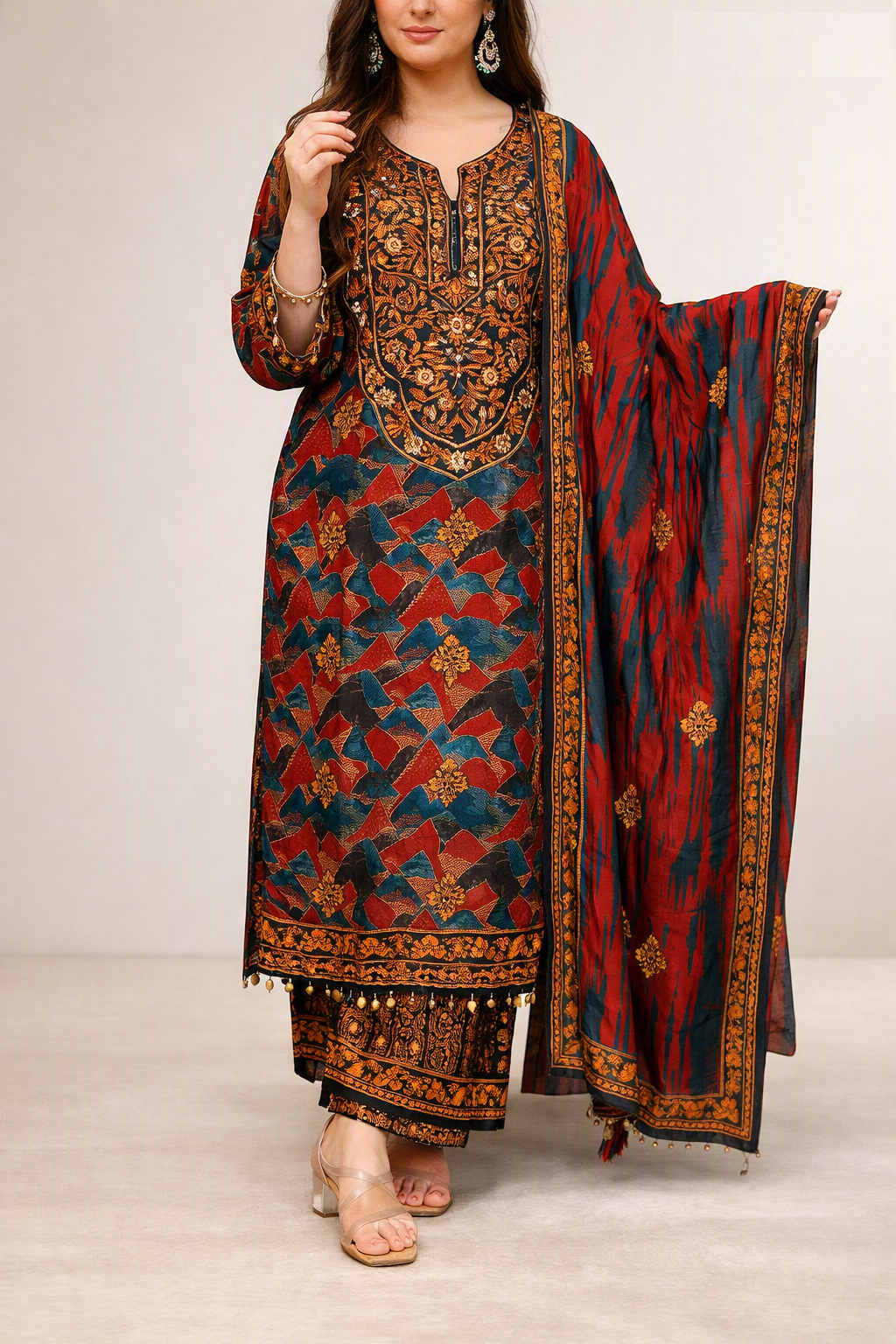 Royal Heritage Floral Printed Long Suit Set_157