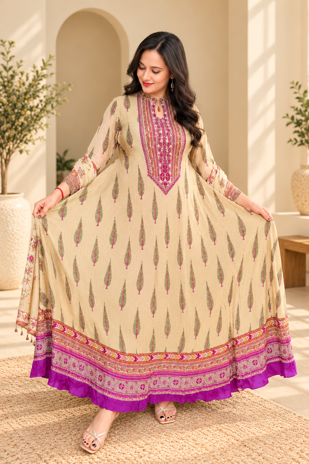 Beige & Pink Pure Crepe 2 pc Gown Set_181