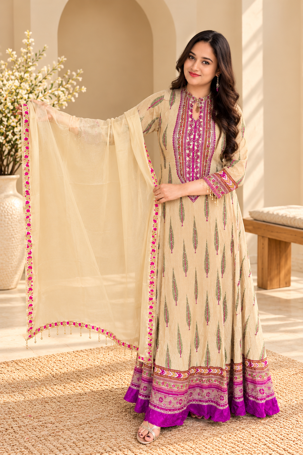 Beige & Pink Pure Crepe 2 pc Gown Set_181