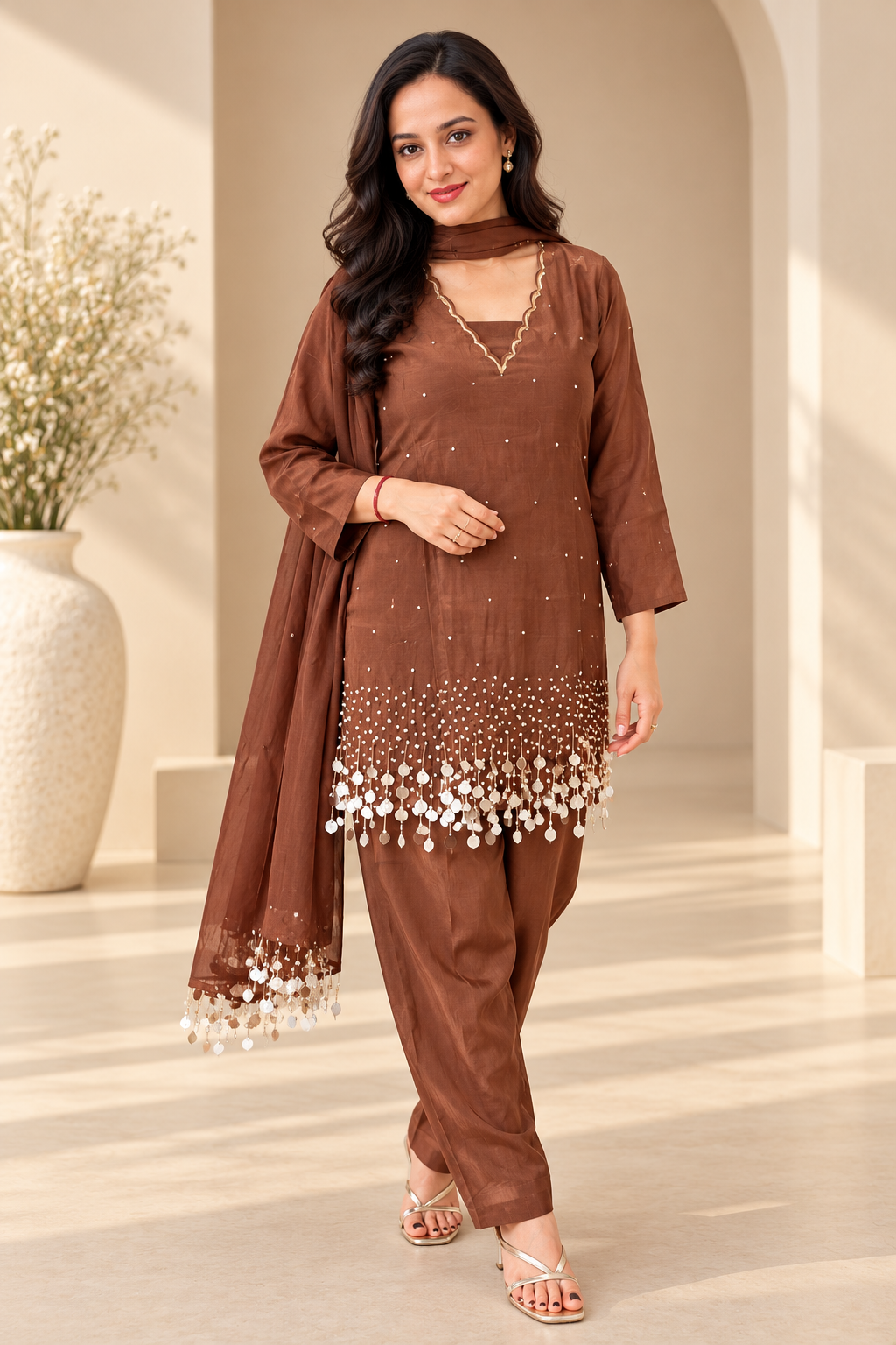 Brown Crepe Suit Set with Unique Tassel Detailing_180