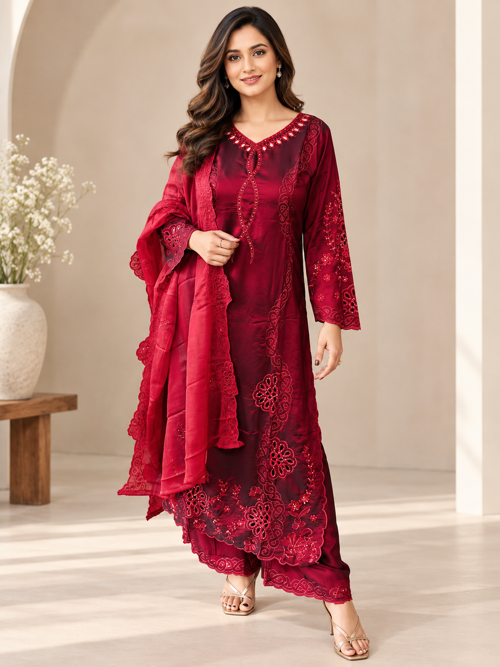 Maroon Sheesha Silk Pakistani Embroidered Suit Set_176