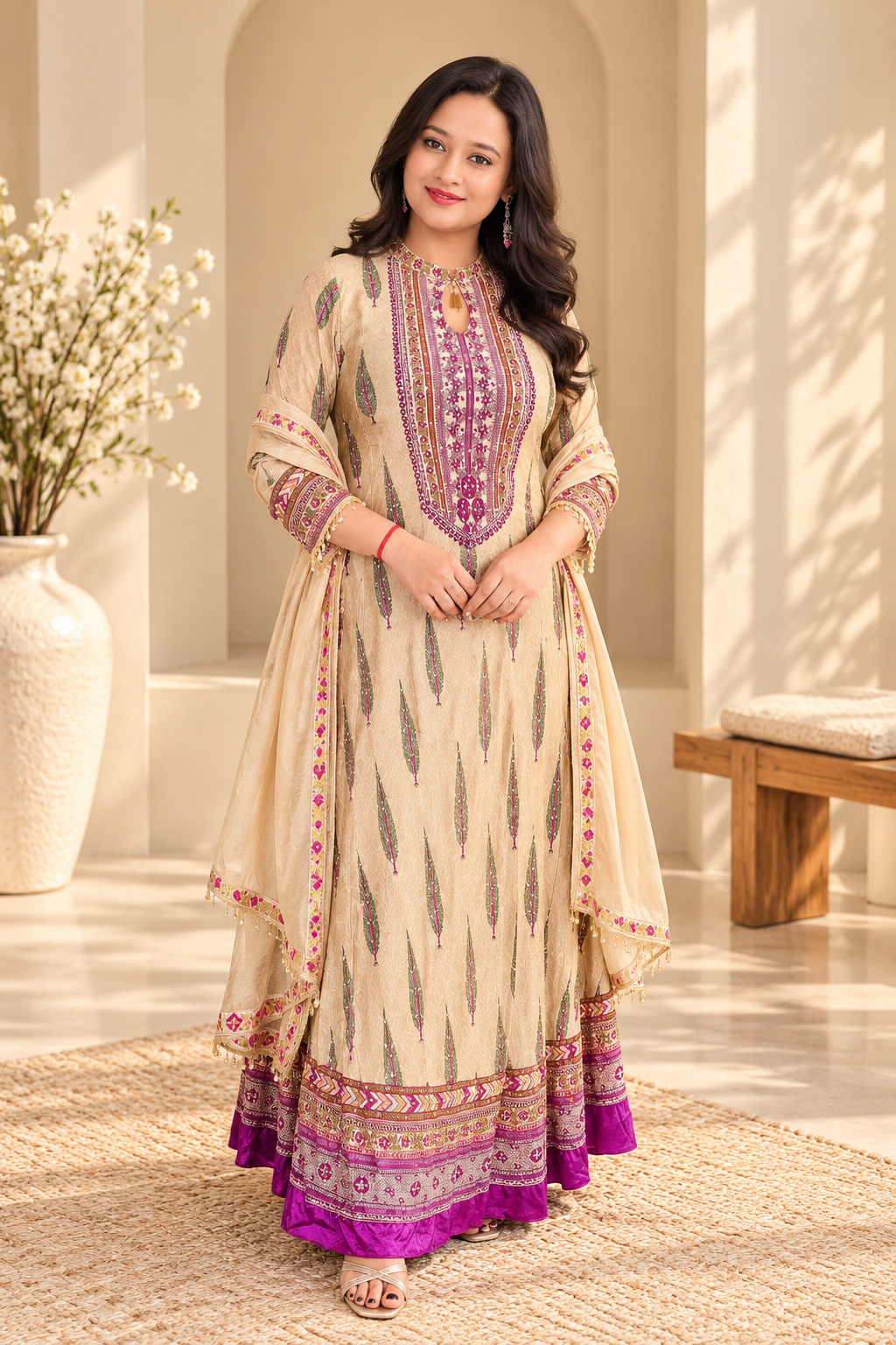 Beige & Pink Pure Crepe 2 pc Gown Set_181