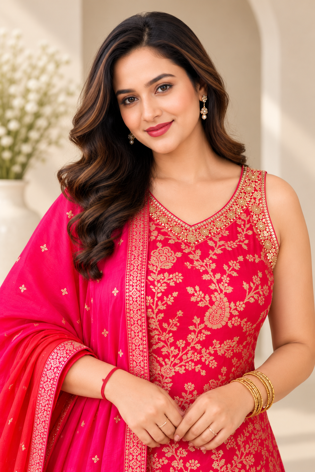 Red Silk Brocade Embroidered Suit Set (With Optional Sleeves)_178