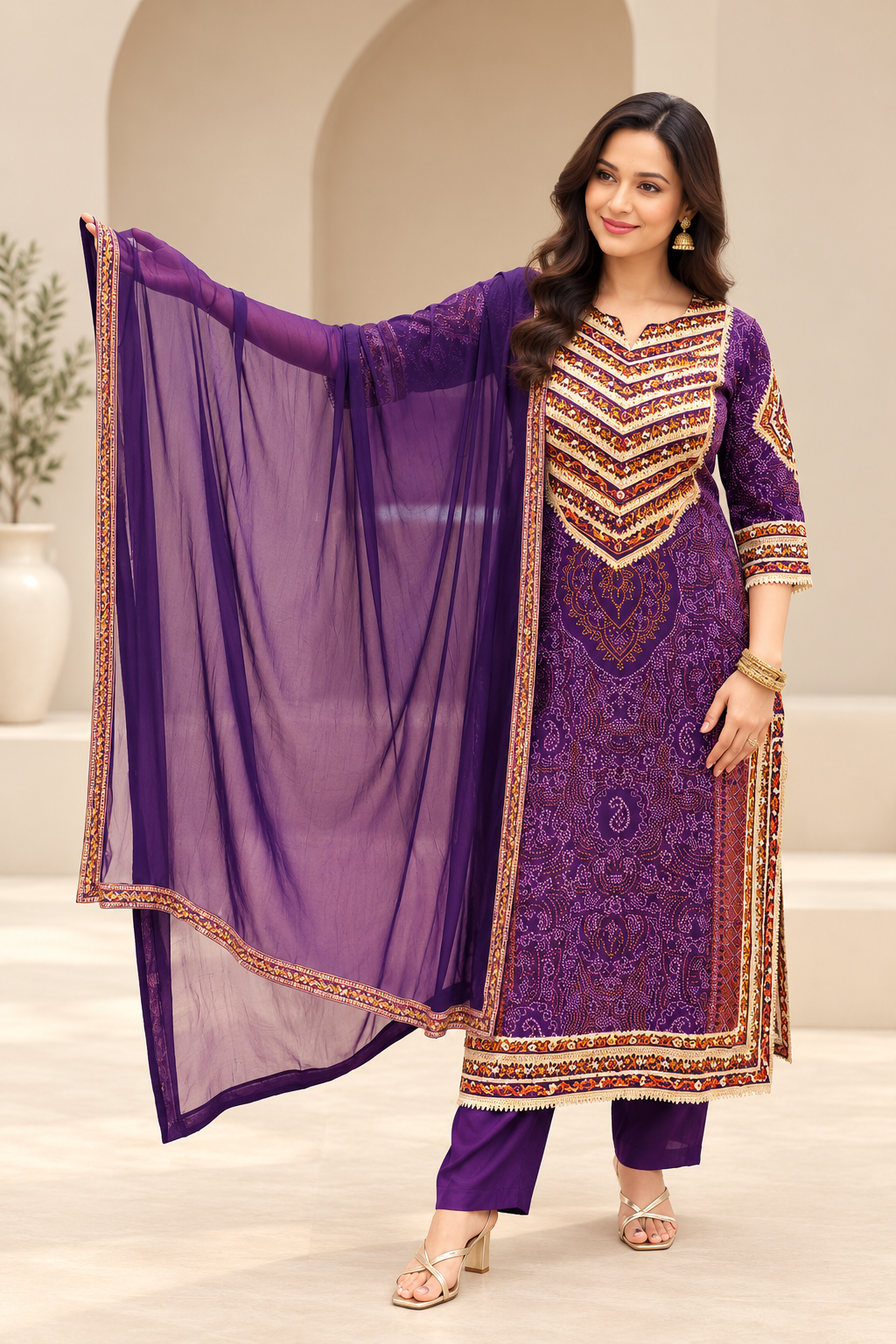 Elegant Purple Bandhani Suit with Golden Embroidery _170