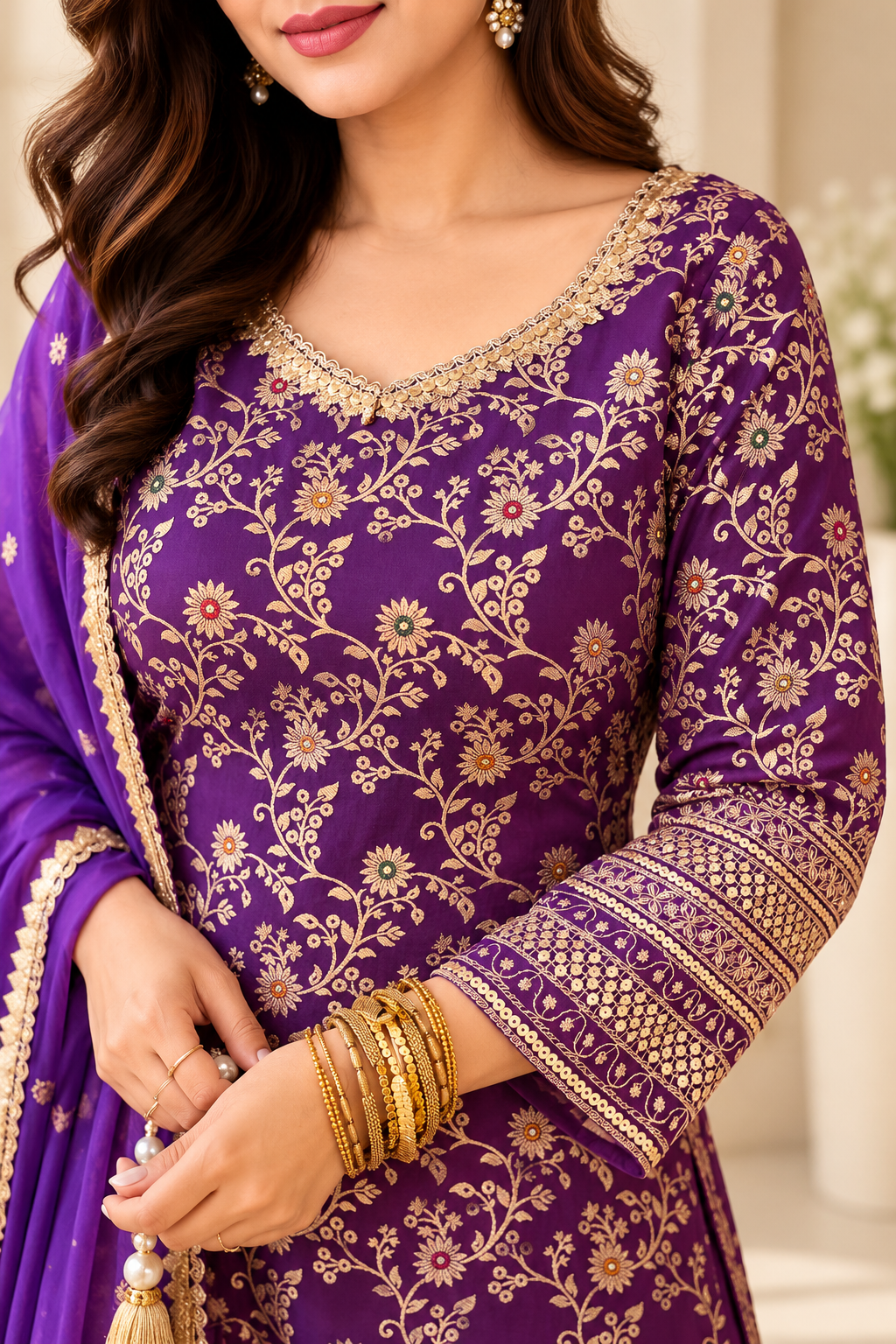 Purple Silk Brocade Embroidered Suit Set with Potli_179