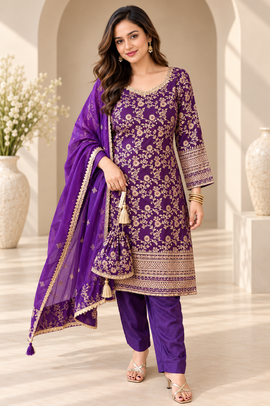 Purple Silk Brocade Embroidered Suit Set with Potli_179