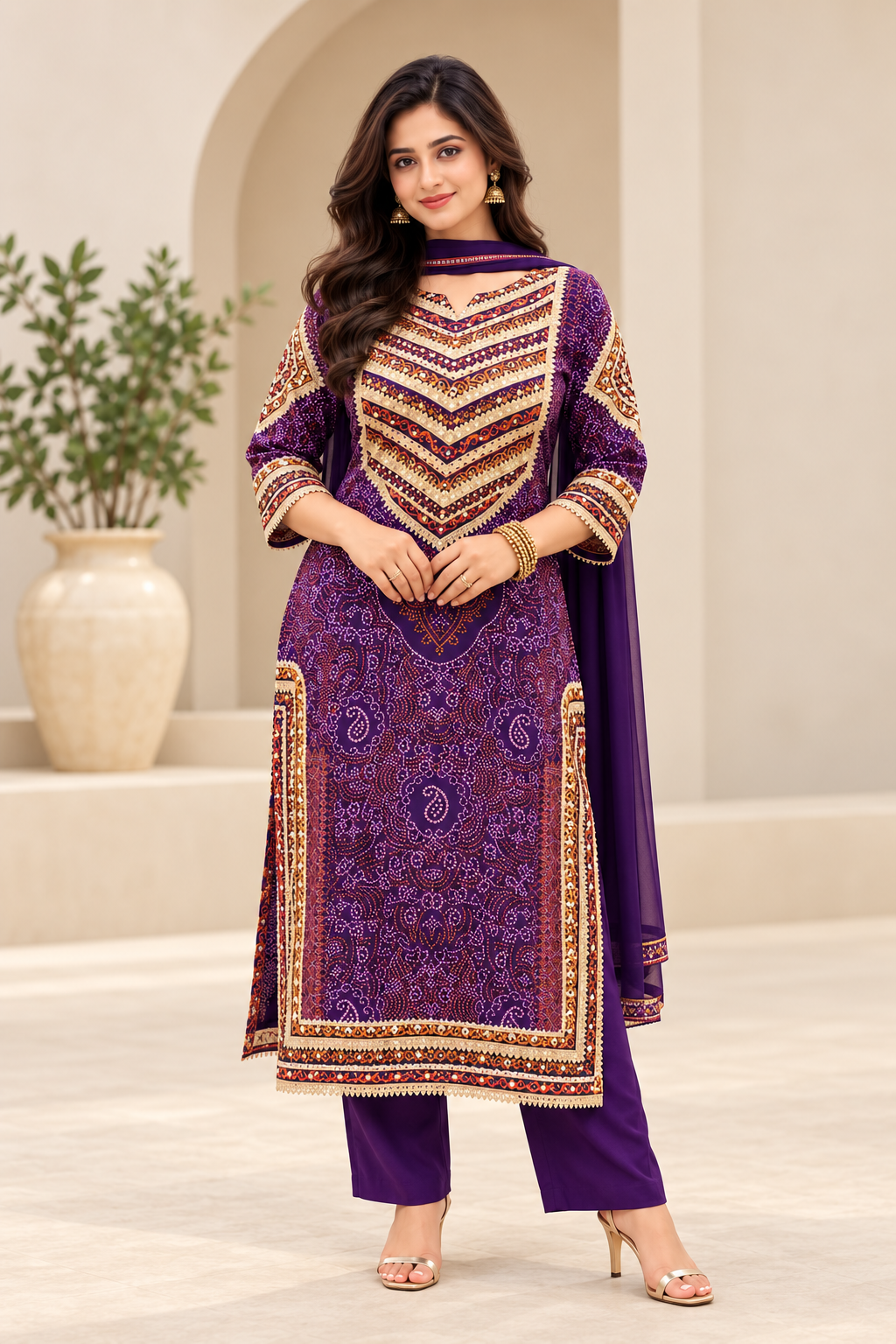 Elegant Purple Bandhani Suit with Golden Embroidery _170
