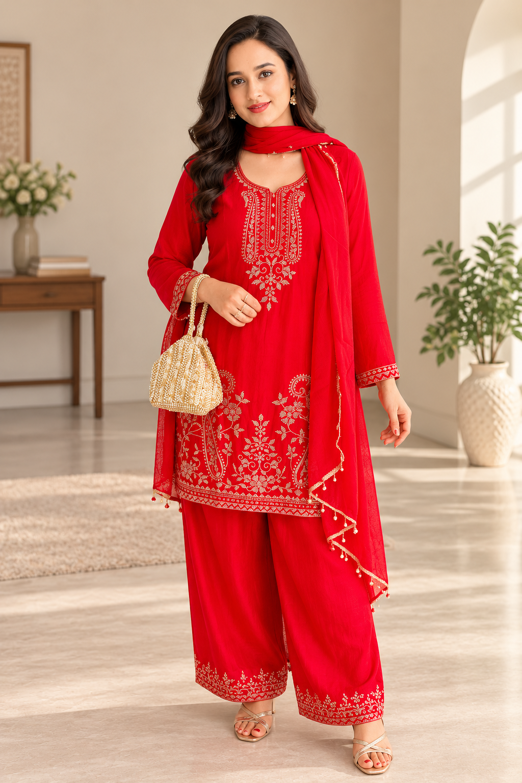 Red Chinnon Embroidered Suit Set _172