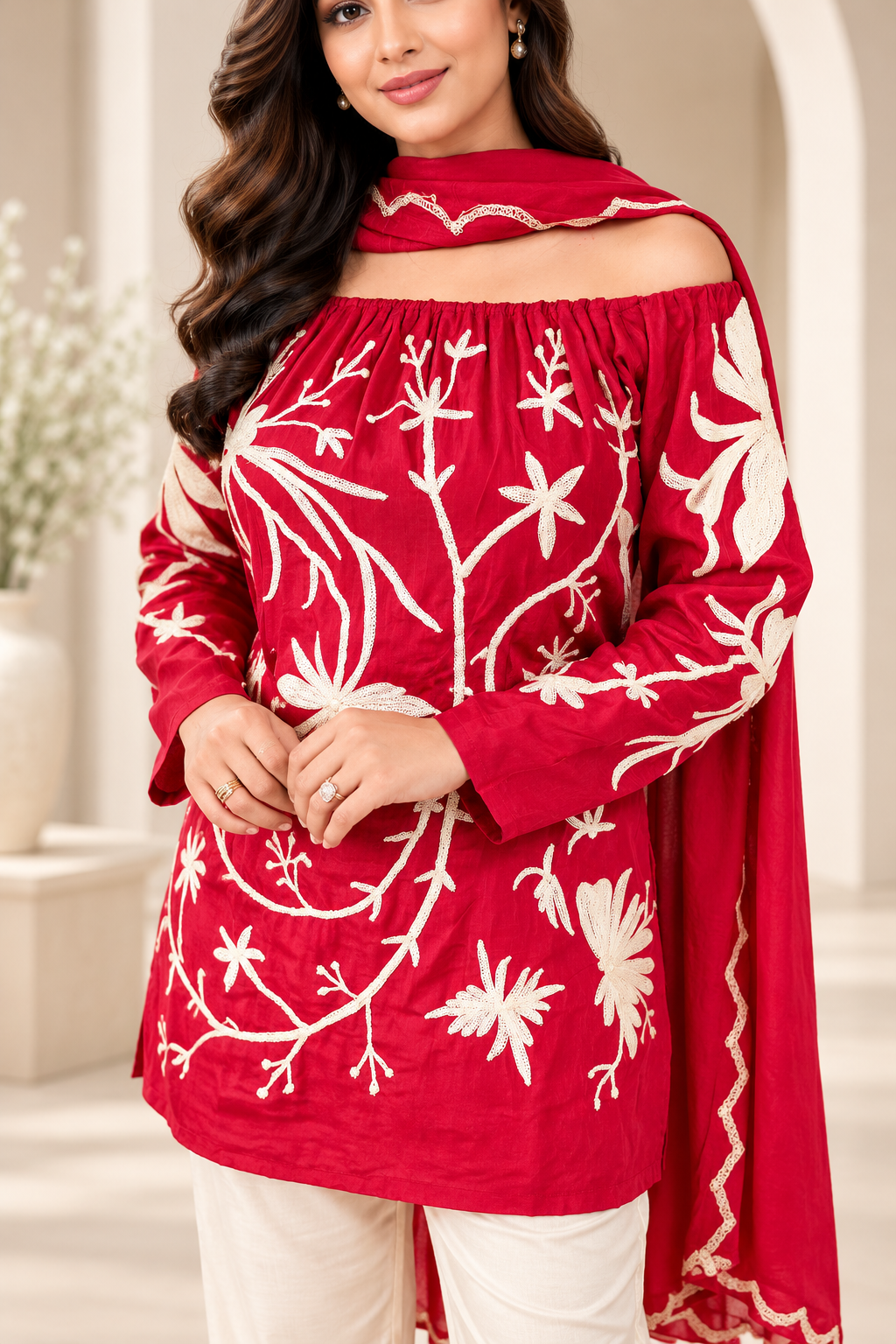Red Pure Crepe Hand‑Embroidered Off‑Shoulder Suit Set_177