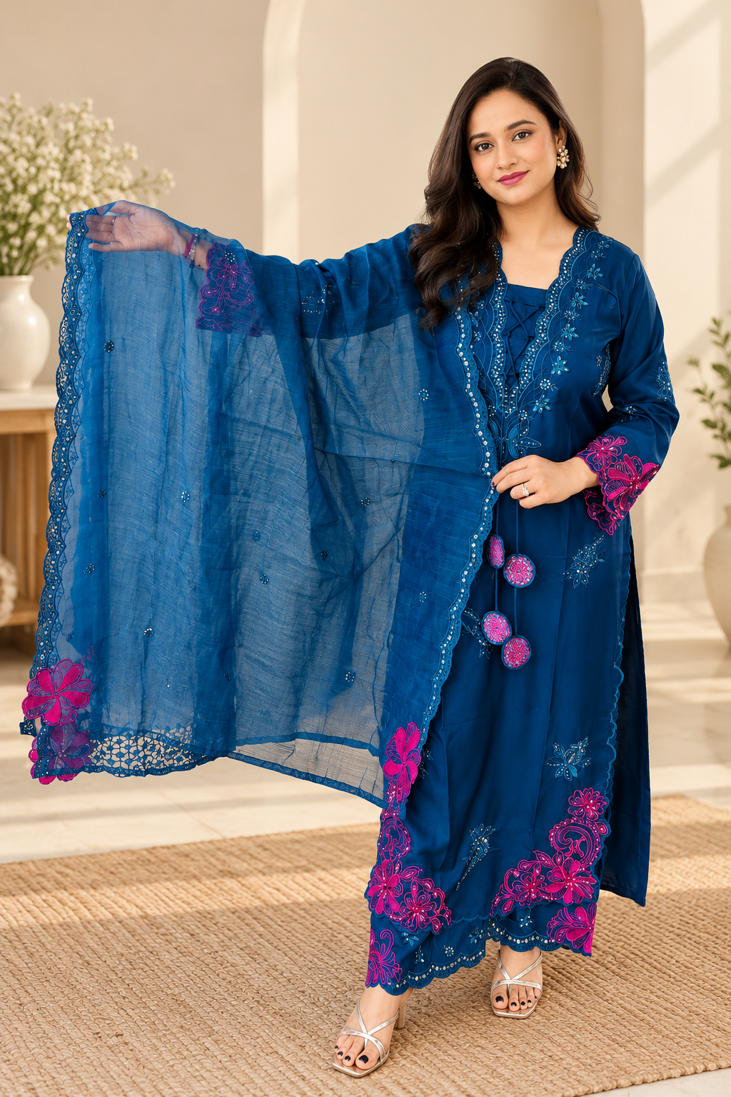 Blue Sheesha Silk Pakistani Embroidered Suit Set_175