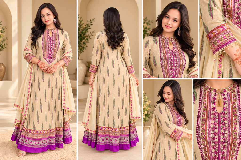 Beige & Pink Pure Crepe 2 pc Gown Set_181