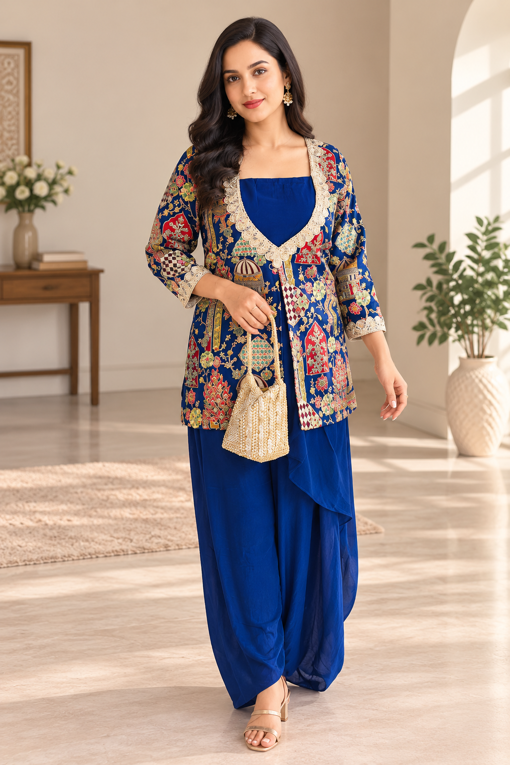 Royal Blue Pure Crepe Embroidered Dhoti Set _173