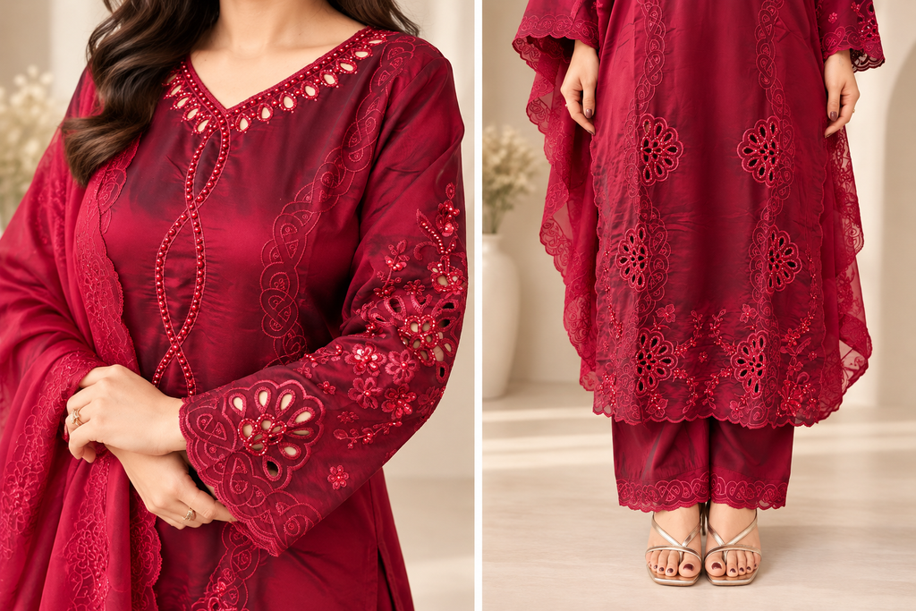 Maroon Sheesha Silk Pakistani Embroidered Suit Set_176