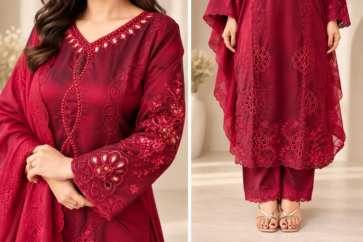 Maroon Sheesha Silk Pakistani Embroidered Suit Set_176