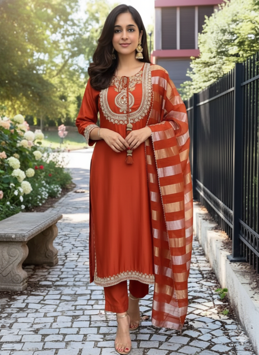 Orange Chanderi Suit with Silk Dupatta and Embroidery Work_038