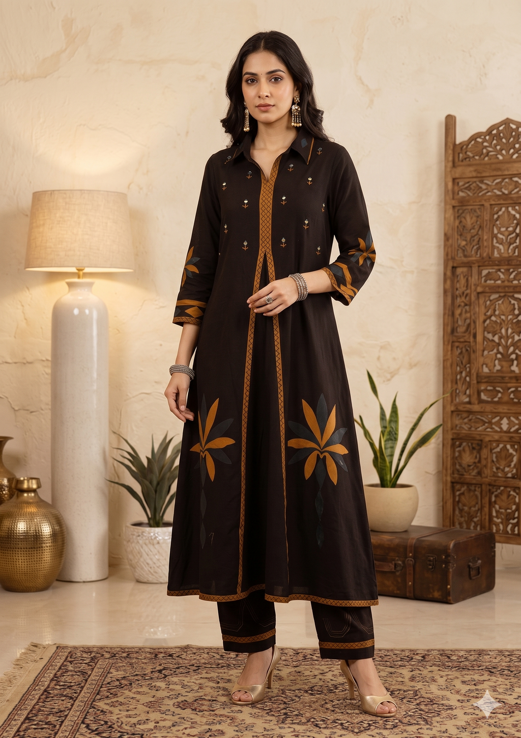 Black Placement Print 2PC Set with Original Mirror Work_091