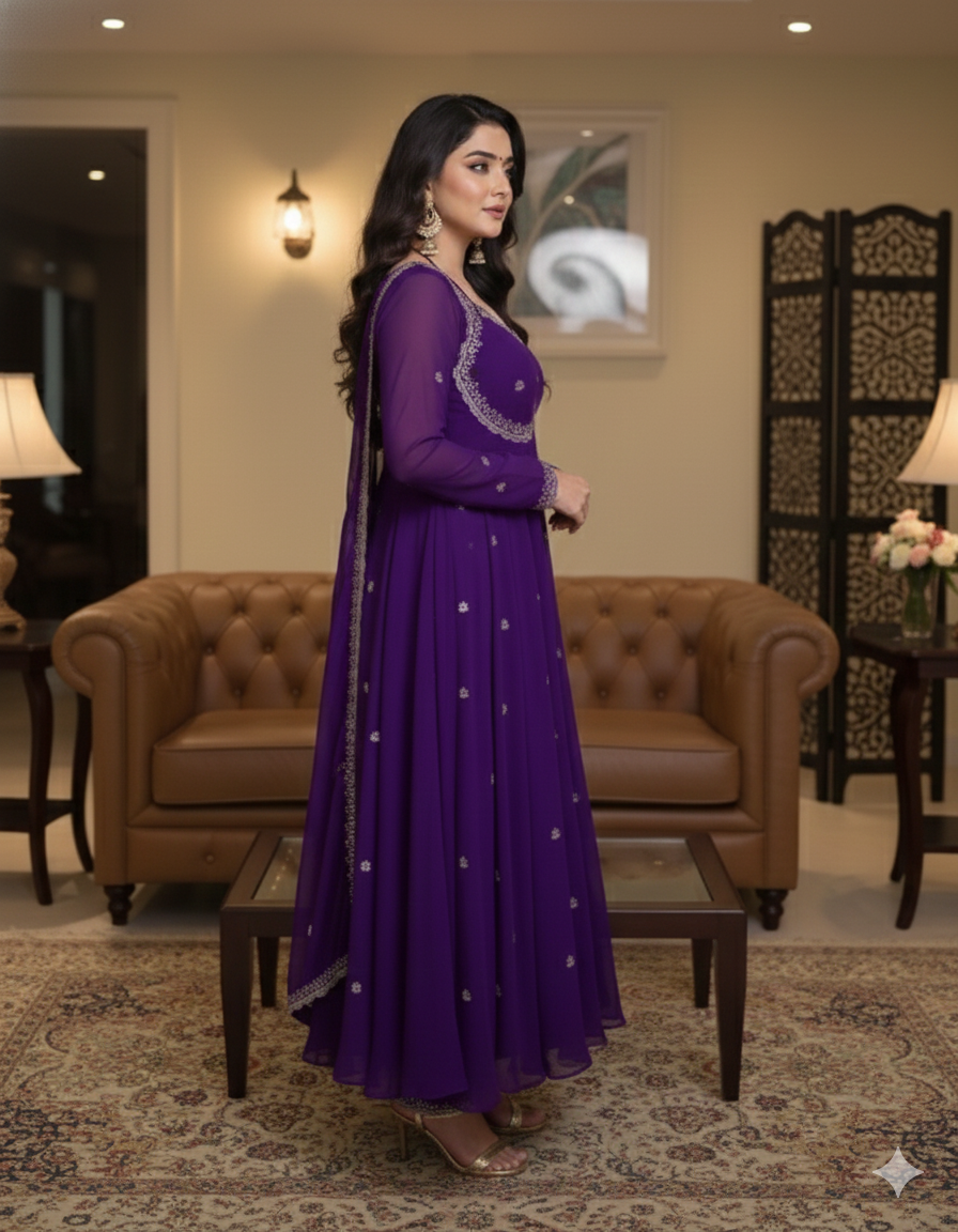 Purple Georgette Embroidery Anarkali Suit Set_031