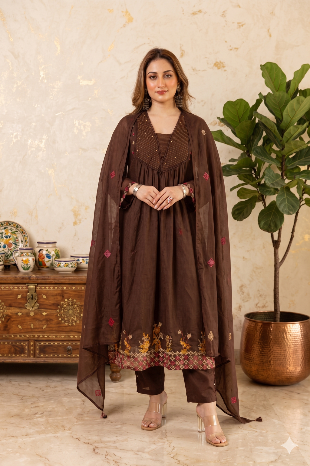 Coffee brown mulchanderi suit set_094
