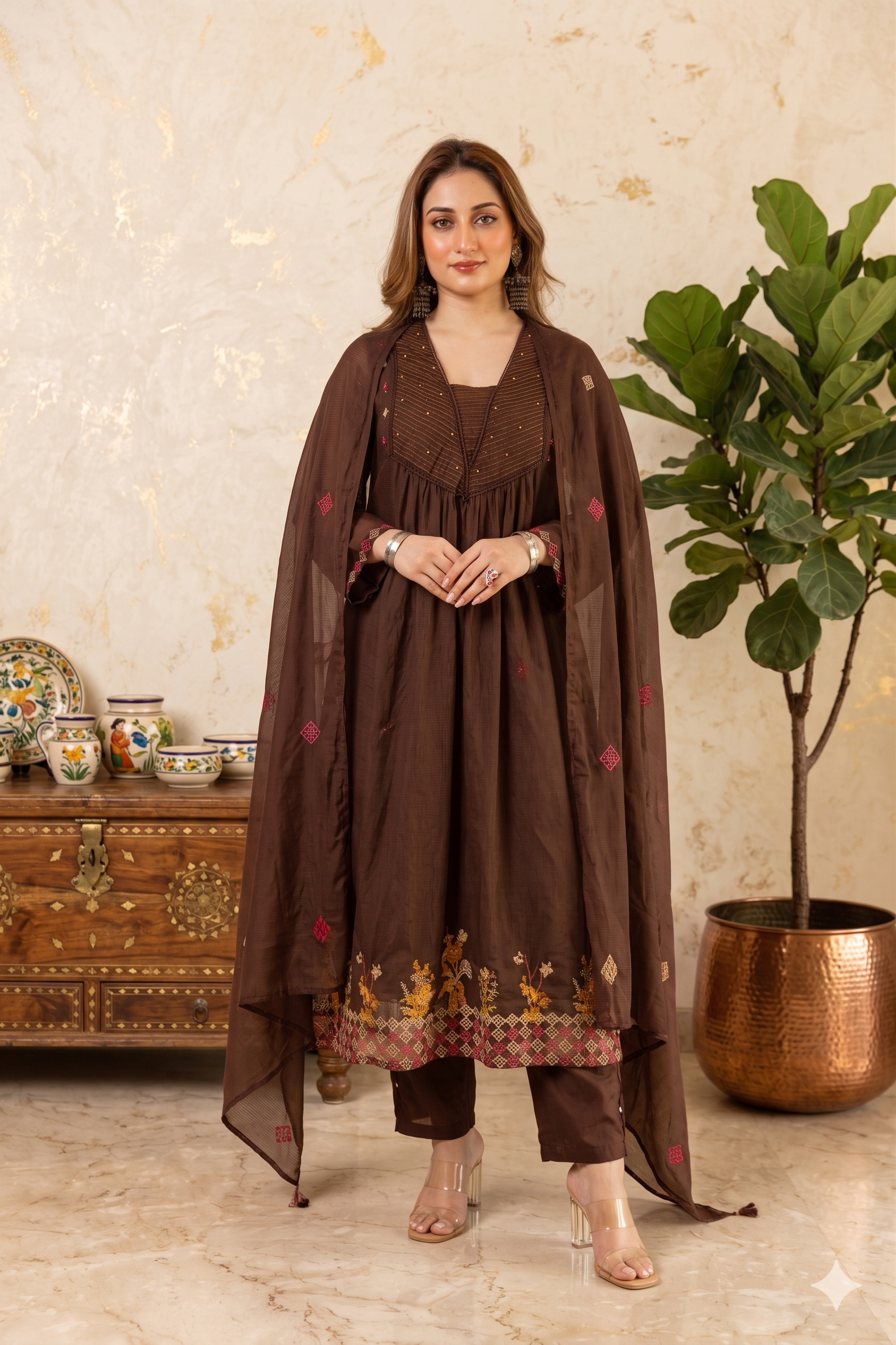 Coffee brown mulchanderi suit set_094