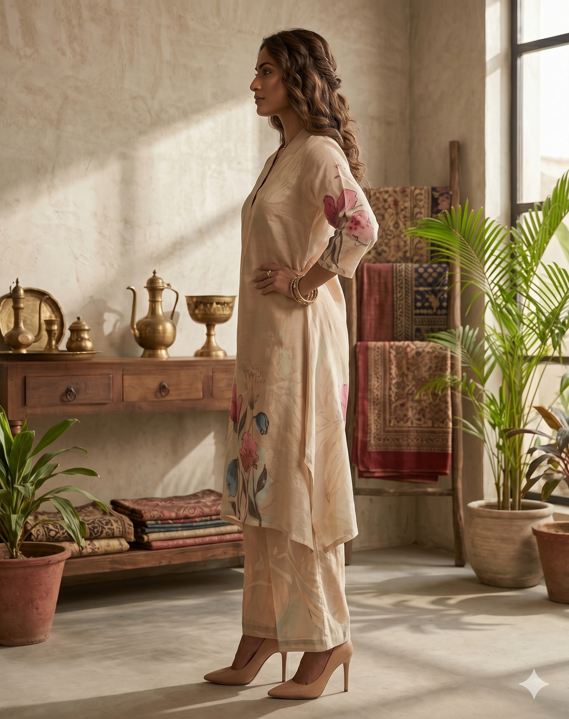 Beige Linen 2PC Palazzo Set_093