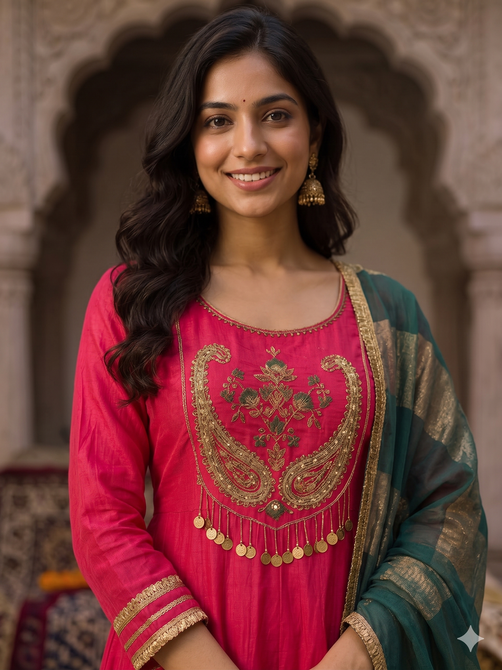Red and Emerald Green Mulhanderi Zardozi Embroidered 3PC suit_122