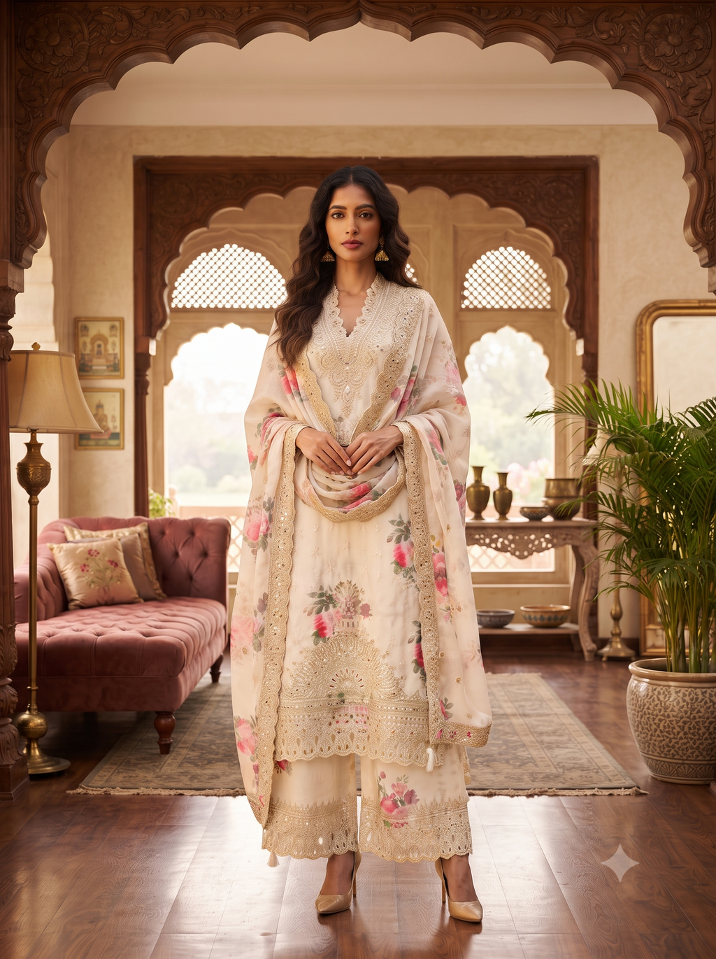 White and Pink Pure Crepe Embroidered 3PC Set_123