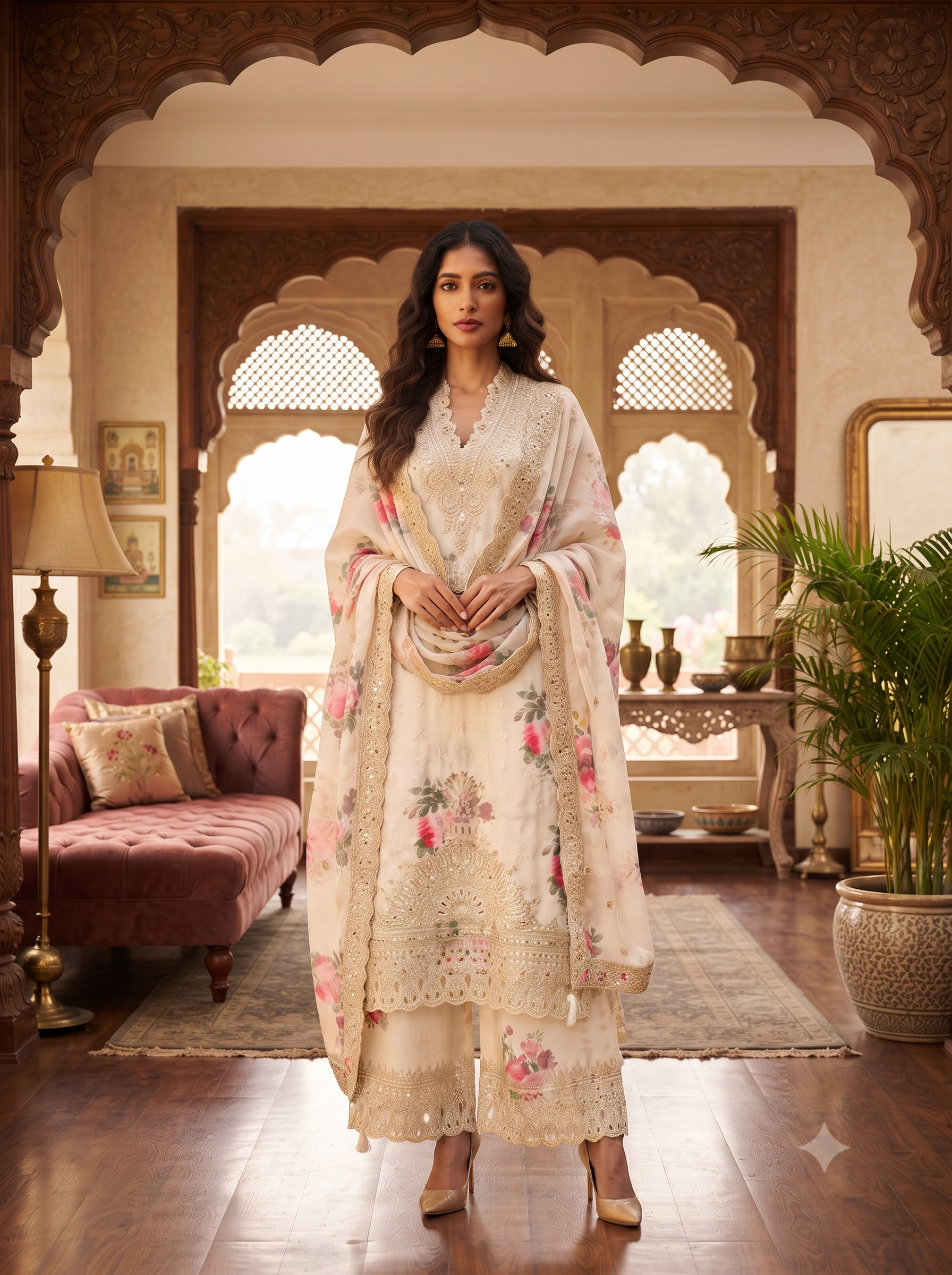 White and Pink Pure Crepe Embroidered 3PC Set_123
