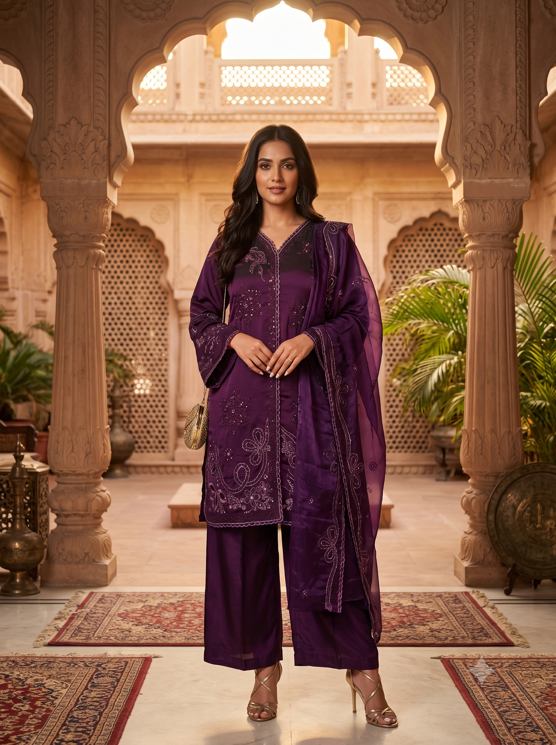 Pakistani Shisha Silk Embroidered 3PC Set_Royal Purple Majesty_125